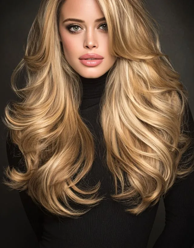 Long blonde balayage styled in the salon